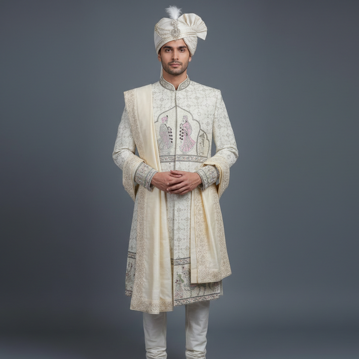 Royal Ivory Wedding Sherwani in allover Sequins & Threadwork Embroidery | Luxury Wedding & Groom Wear