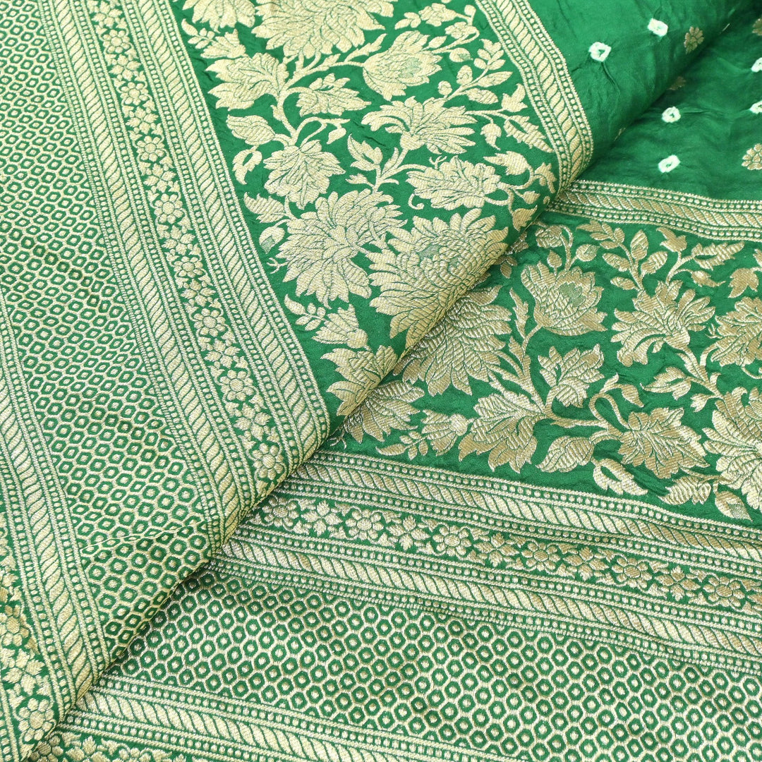 Exclusive Heavy Zari Botti Work And Premium Border Hand Work On Pure Silk Bandhani Fabric