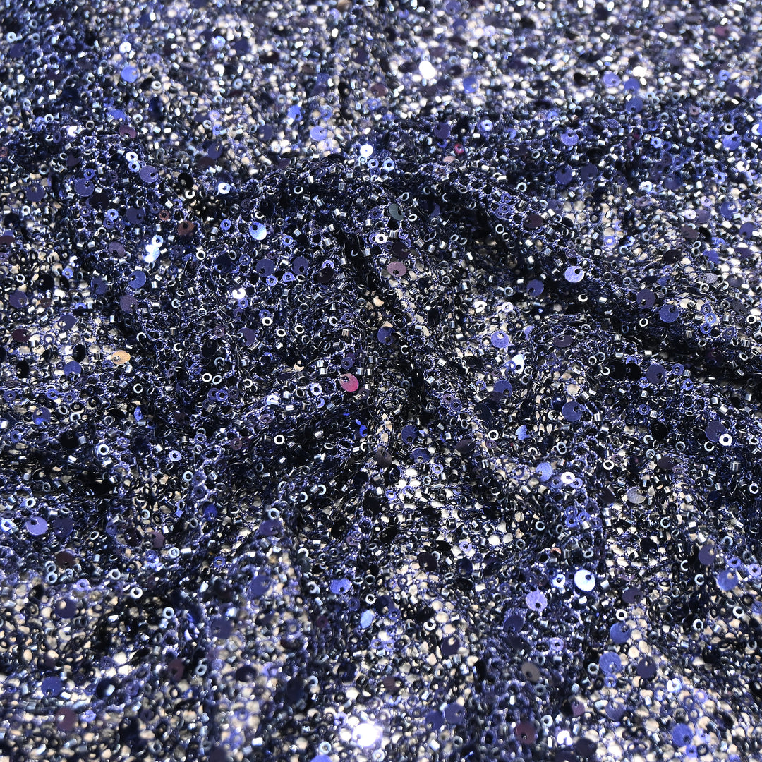 Navy Blue Color Imported Heavy Sequin Embroidery Net Fabric- ED1605-1