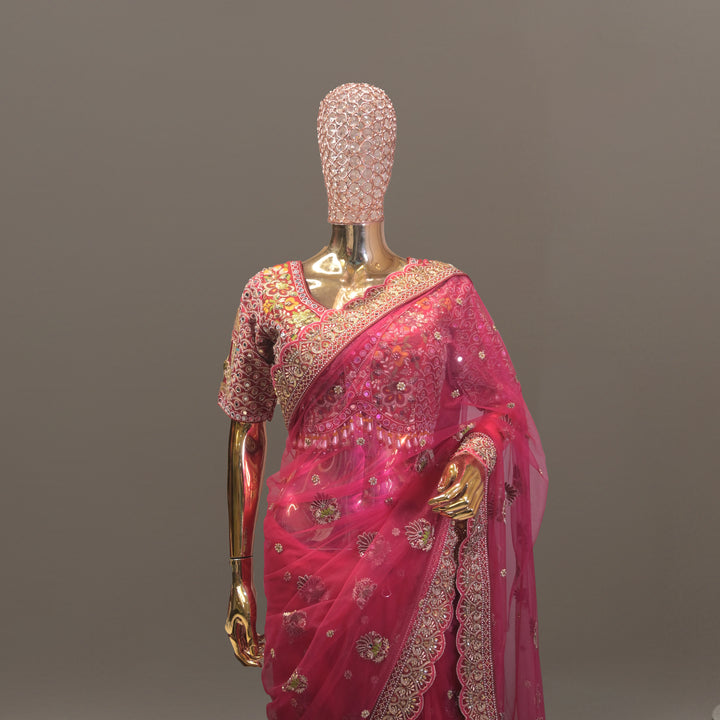 Ruhani Magenta Net Saree with Raw Silk Handwork Embroidery Blouse
