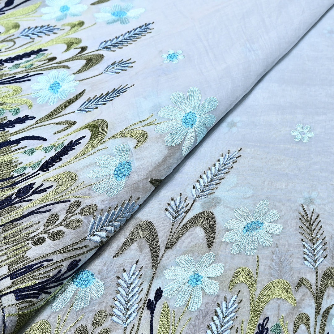 Mul Chanderi Floral Thread Embroidery Fabric – Soft Breathable Designer Fabric- V1659C-1