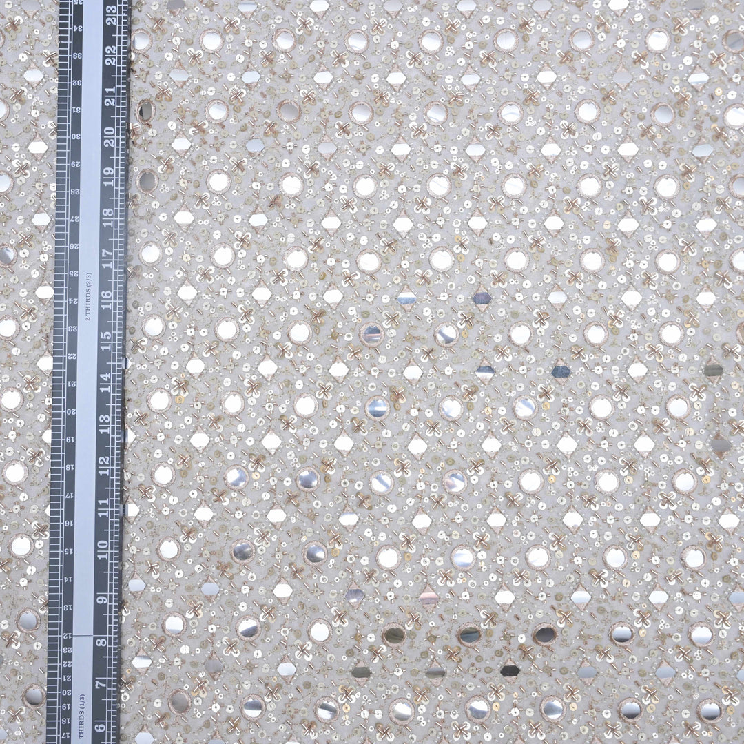 White Georgette Fabric with allover Mirrorwork, Beadwork & Sequins | 54642