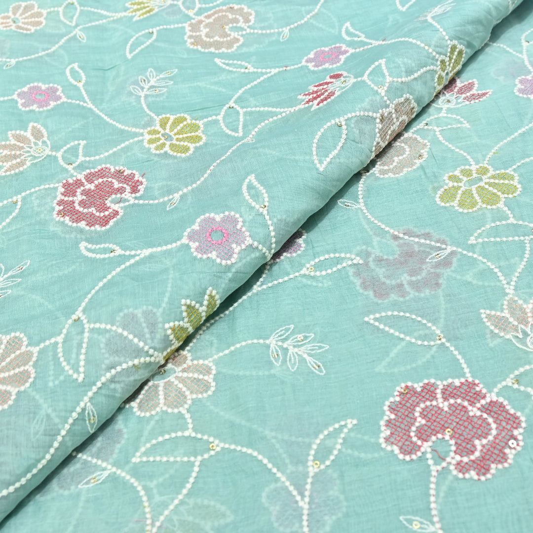 Mul Chanderi Floral Embroidery Fabric  – Lightweight Designer Summer Fabric GT0031-01