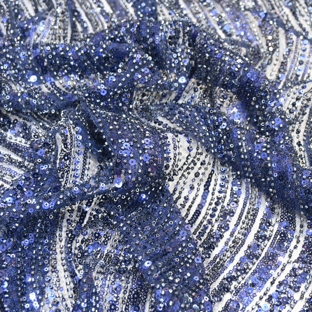 Navy Blue Color Luxury Imported Heavy Cut Dana & Sequins Embroidered Net Designer Fabric ED1533-1A