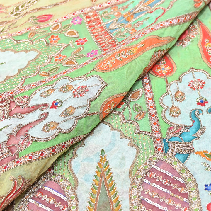 Premium Viscose Georgette Position Print Fabric With Zari Sequence Embroidery - Designer Ethnic Fabric-00P300-1