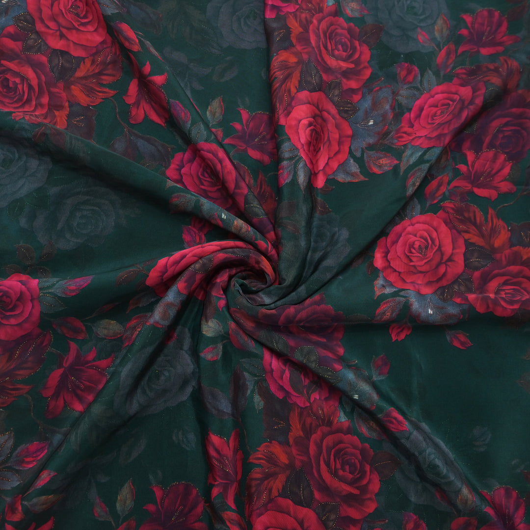 Dark Green Floral Printed Crepe Fabric | 30-2691G
