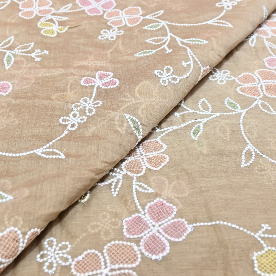 Sand Beige Premium Dyed Mul Chanderi With Thread Embroidery Fabric