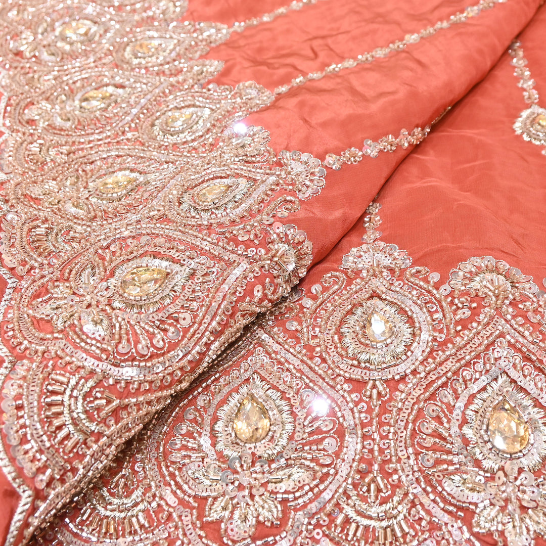 Orange Crepe Fabric with Zari, Cutdana & Sequins Embroidery