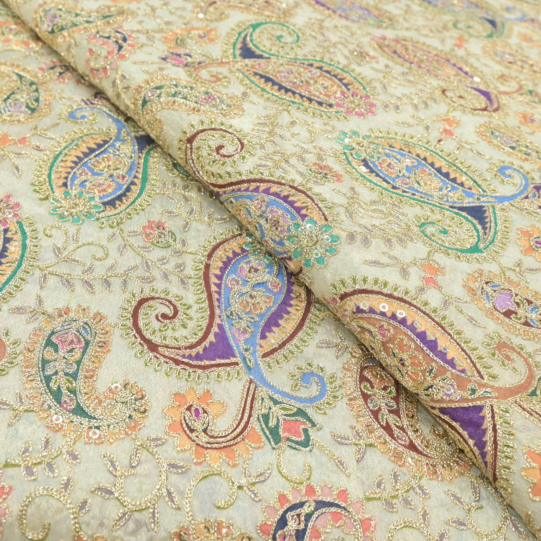 Viscose Chinon Position Print with Zari & Sequins Embroidery