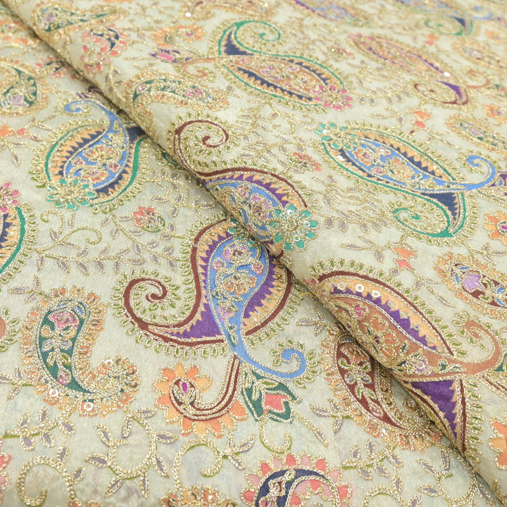 Viscose Chinon Position Print with Zari & Sequins Embroidery
