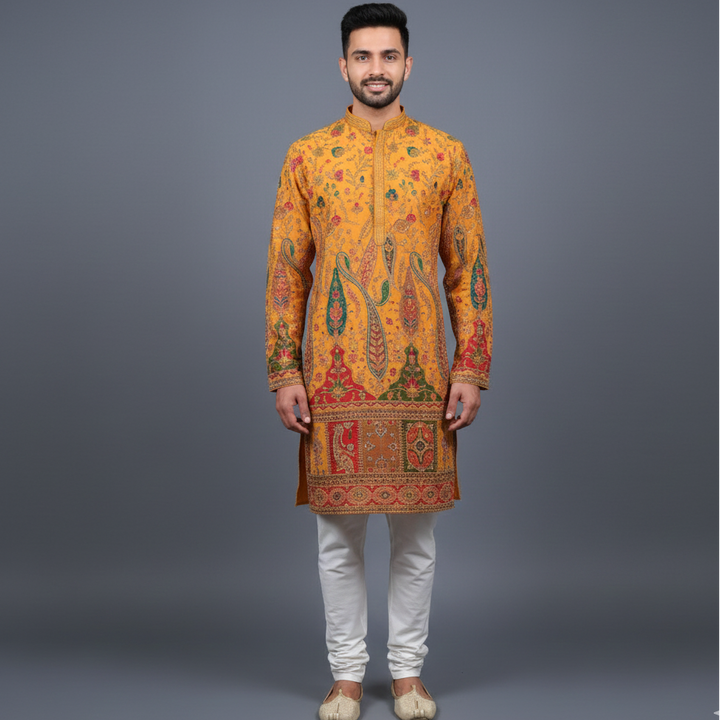 Mustard Yellow allover Embroidery Crepe Kurta Set