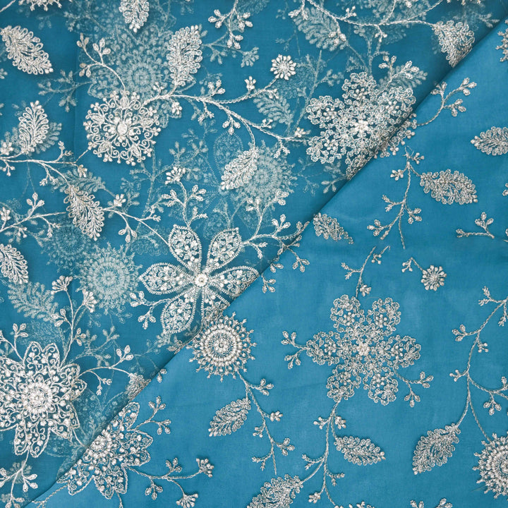Sky Blue Organza Fabric with Threadwork Embroidery