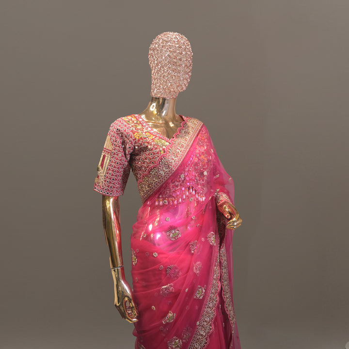 Ruhani Magenta Net Saree with Raw Silk Handwork Embroidery Blouse