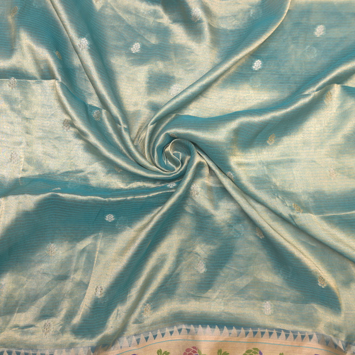 Powder Blue Brocade Tissue Fabric with Threadwork Embroidery