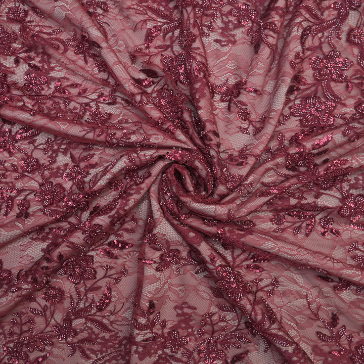 Dark Red Floral Cutdana Sequin Net Embroidered Lace Fabric