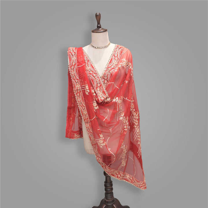 Red Bridal Net Dupatta with Stone & Zari Embroidery