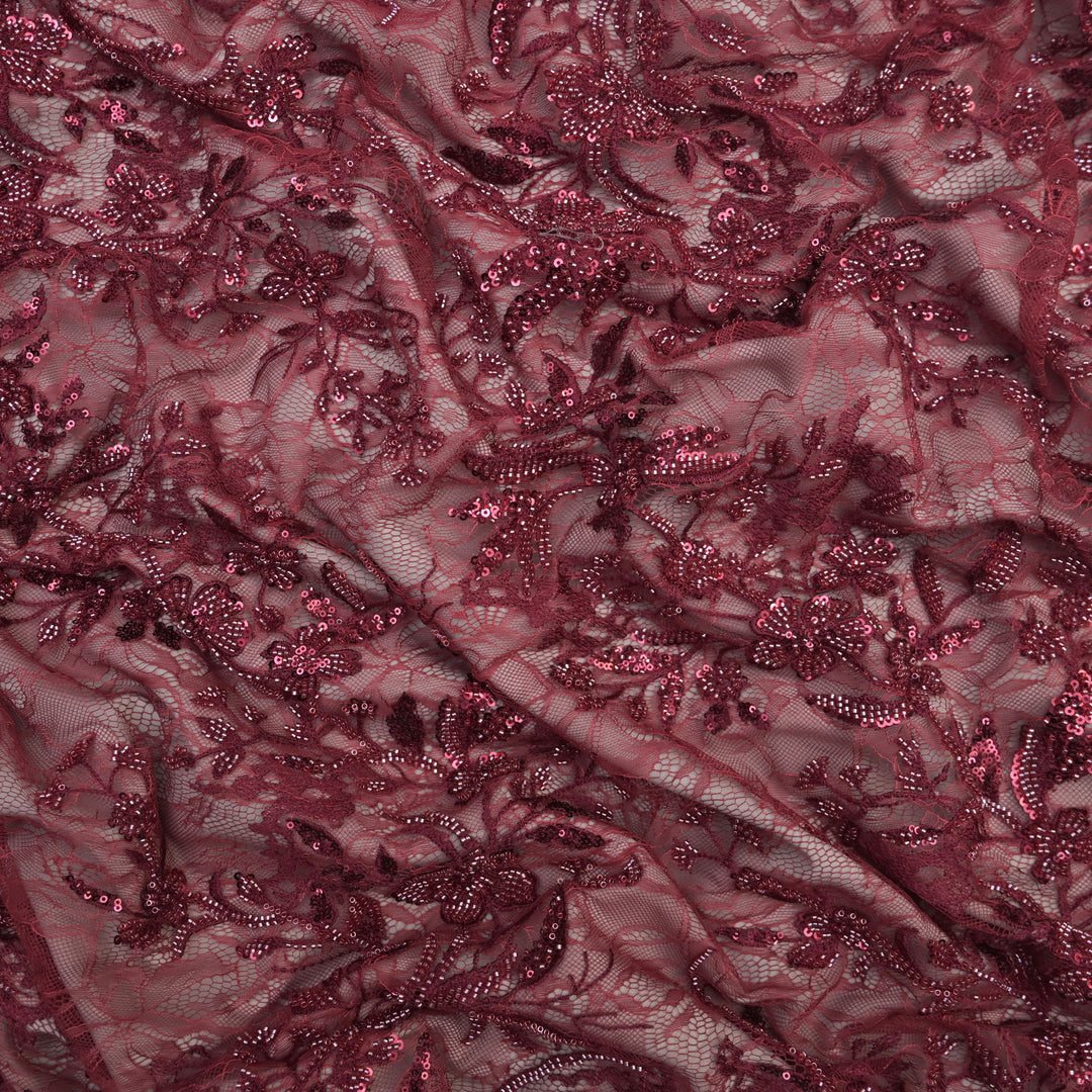 Dark Red Floral Cutdana Sequin Net Embroidered Lace Fabric