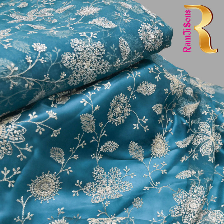 Sky Blue Organza Fabric with Threadwork Embroidery