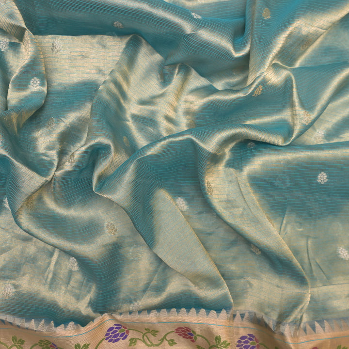 Powder Blue Brocade Tissue Fabric with Threadwork Embroidery