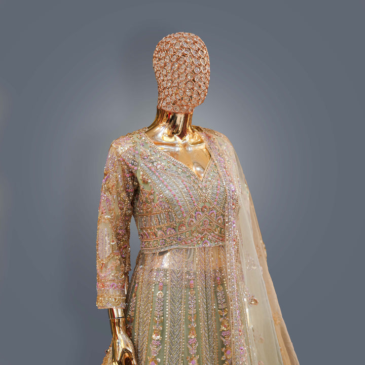 Pastel Pistachio Bridal Lehenga Dress with Heavy Zari, Cutdana and Hand Embroidery