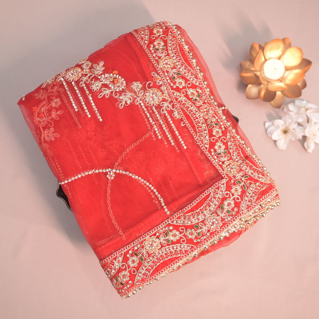 Red Bridal Net Dupatta with Stone & Zari Embroidery