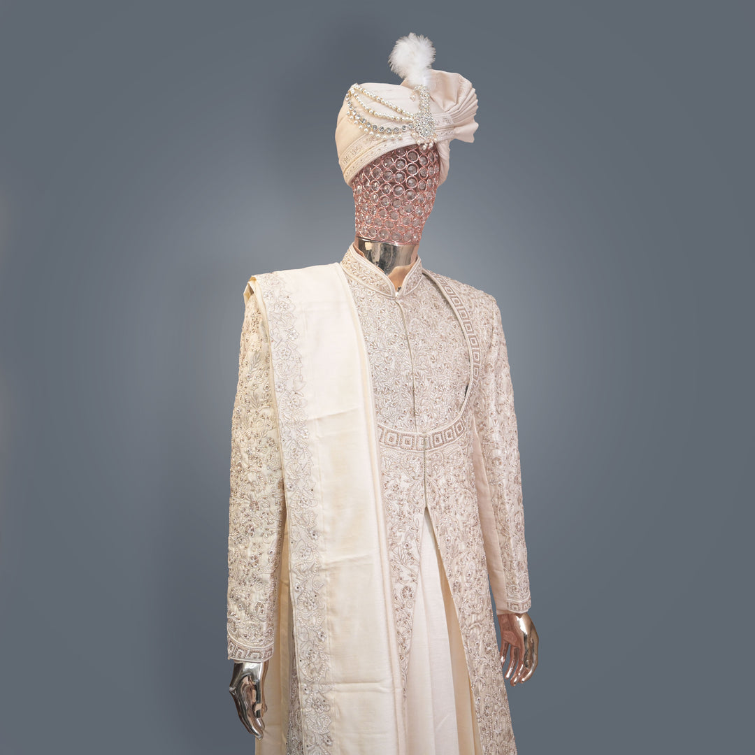 Soft Ivory Designer Sherwani with allover Cutdana, Sequins & Zari Embroidery | Luxury Wedding & Groom Wear