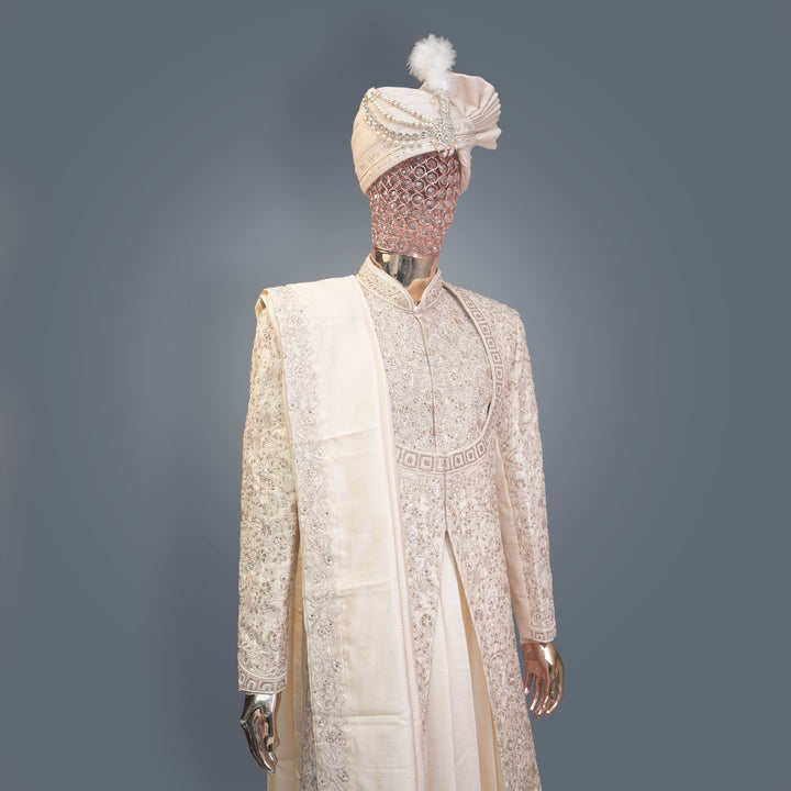 Soft Ivory Designer Sherwani with allover Cutdana, Sequins & Zari Embroidery | Luxury Wedding & Groom Wear