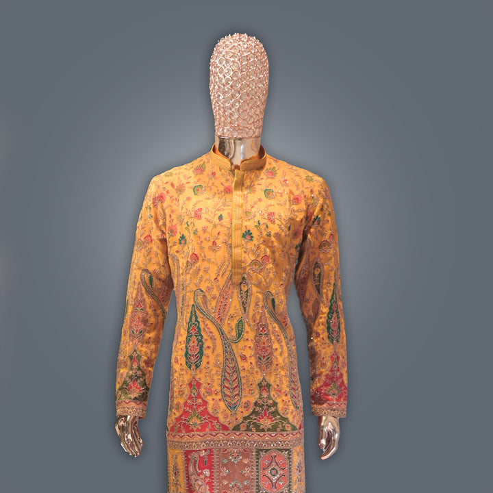 Mustard Yellow allover Embroidery Crepe Kurta Set