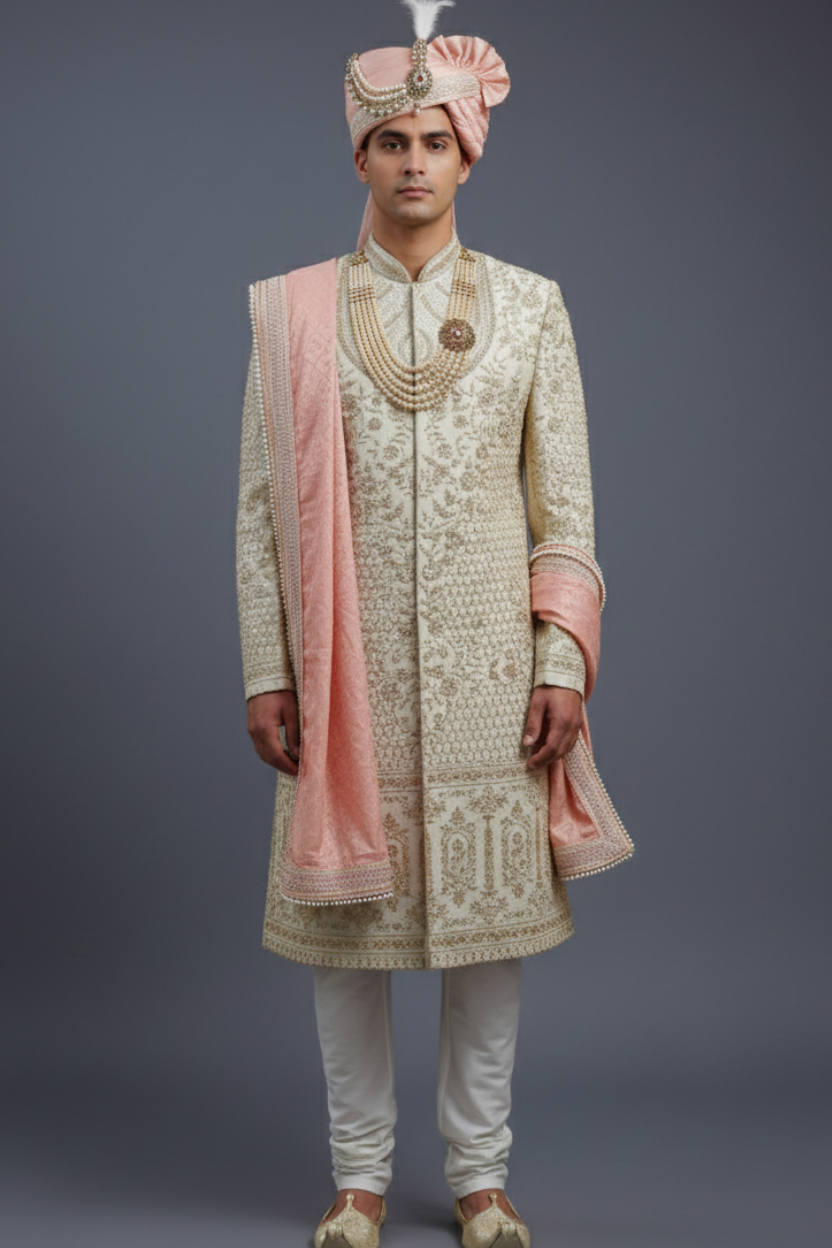 Off-White Raw Silk Sherwani Set with Zari, Pearl & Cutdana Handwork Embroidery