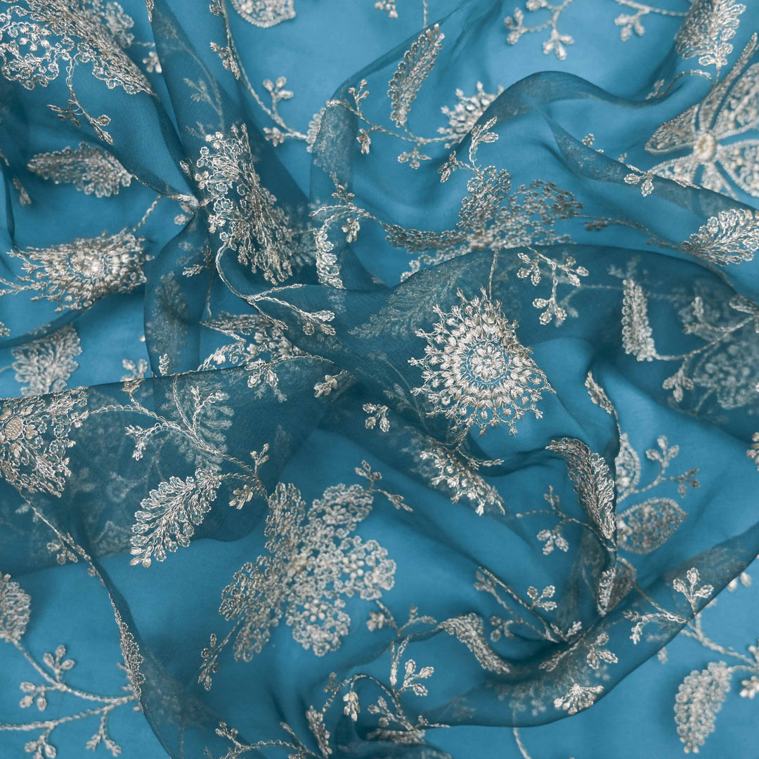 Sky Blue Organza Fabric with Threadwork Embroidery