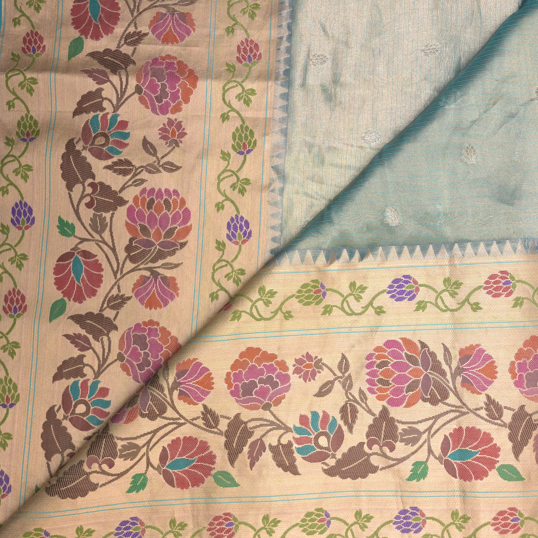Powder Blue Brocade Tissue Fabric with Threadwork Embroidery