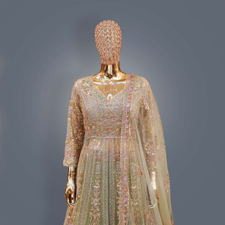 Pastel Pistachio Bridal Lehenga Dress with Heavy Zari, Cutdana and Hand Embroidery