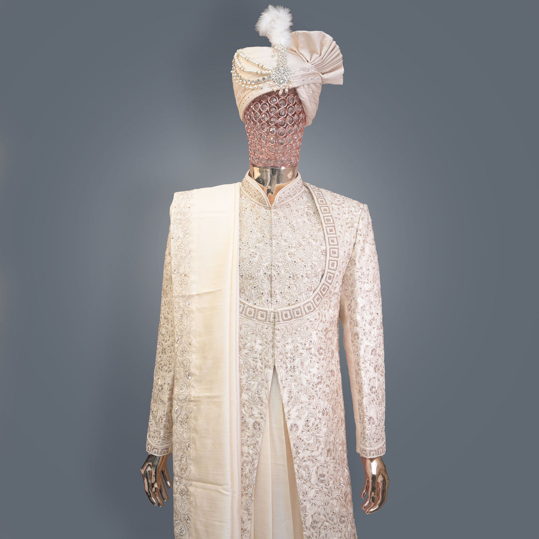 Soft Ivory Designer Sherwani with allover Cutdana, Sequins & Zari Embroidery | Luxury Wedding & Groom Wear