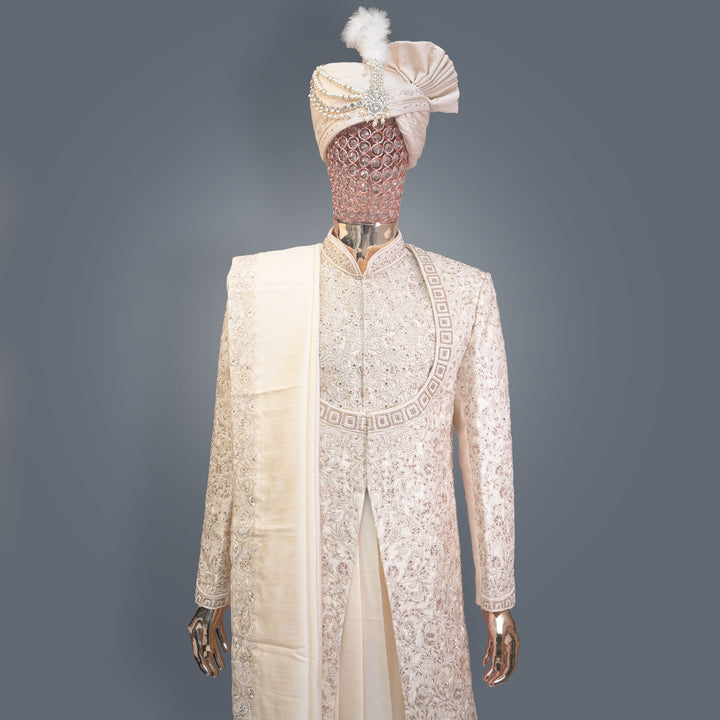 Soft Ivory Designer Sherwani with allover Cutdana, Sequins & Zari Embroidery | Luxury Wedding & Groom Wear