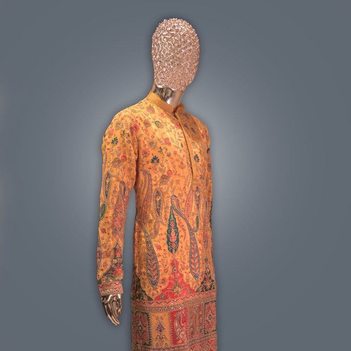 Mustard Yellow allover Embroidery Crepe Kurta Set