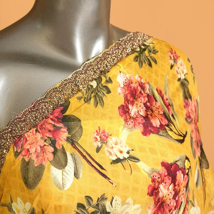 Yellow Colour Chinon Crepe Digital Print With Cut Dana Hand Work Sarees