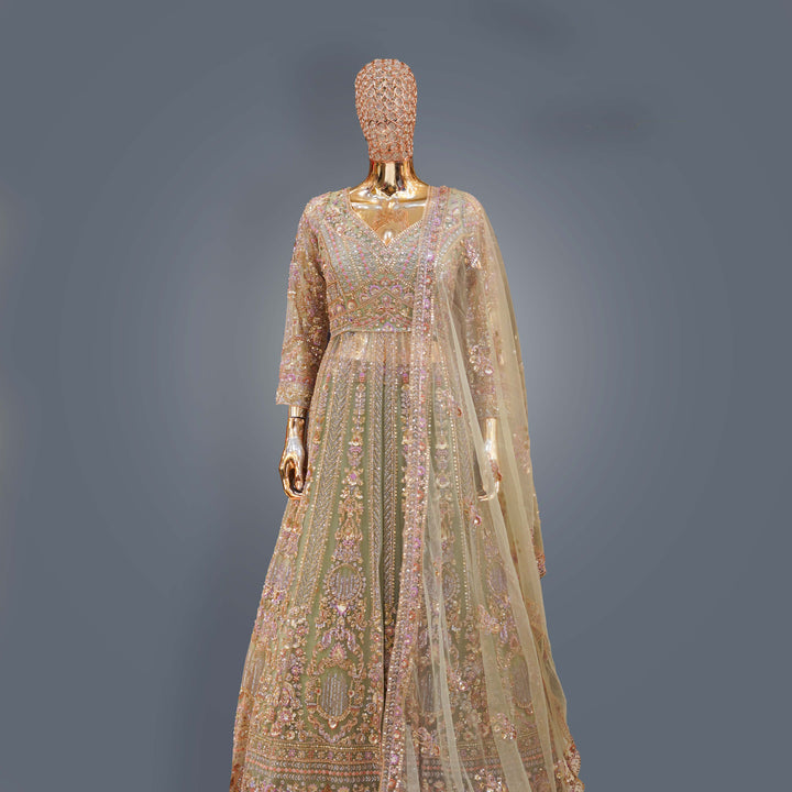 Pastel Pistachio Bridal Lehenga Dress with Heavy Zari, Cutdana and Hand Embroidery