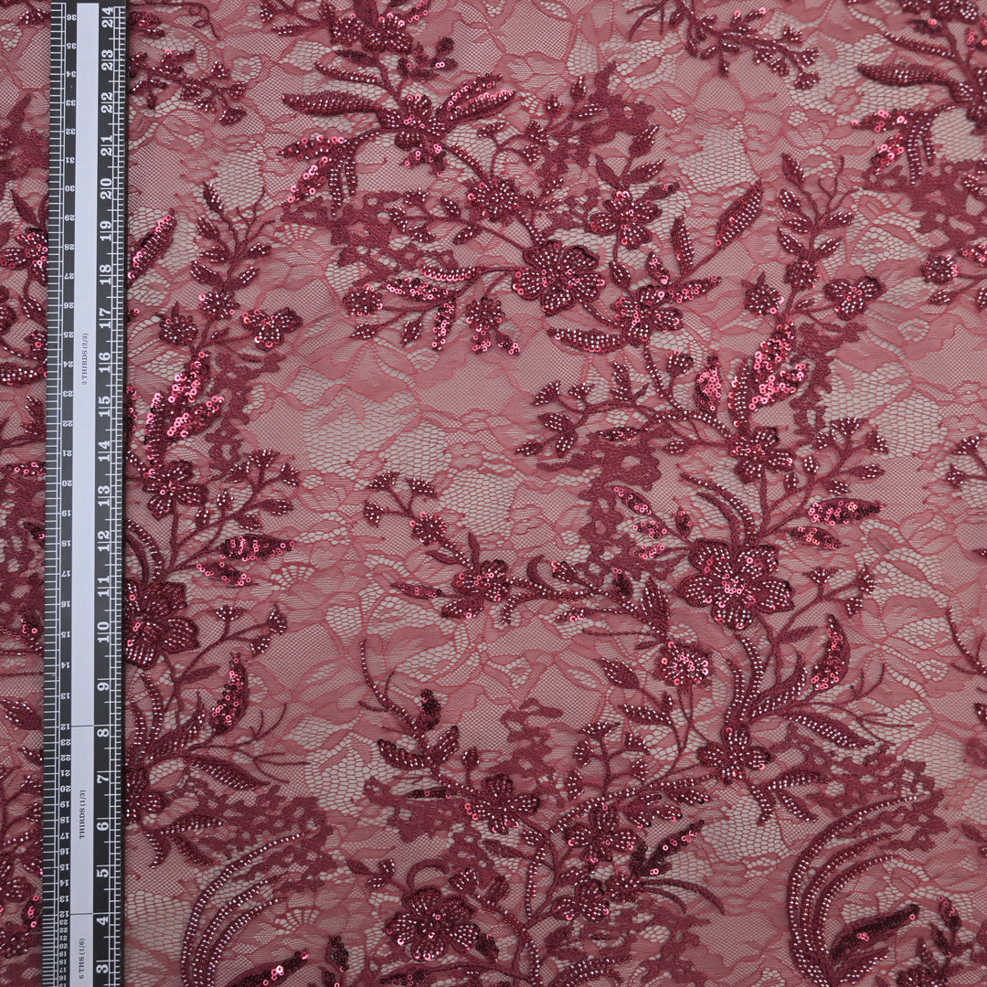 Dark Red Floral Cutdana Sequin Net Embroidered Lace Fabric