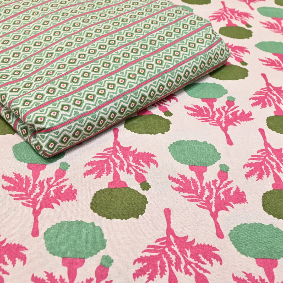 White Cotton Linen In Pink Floral Print