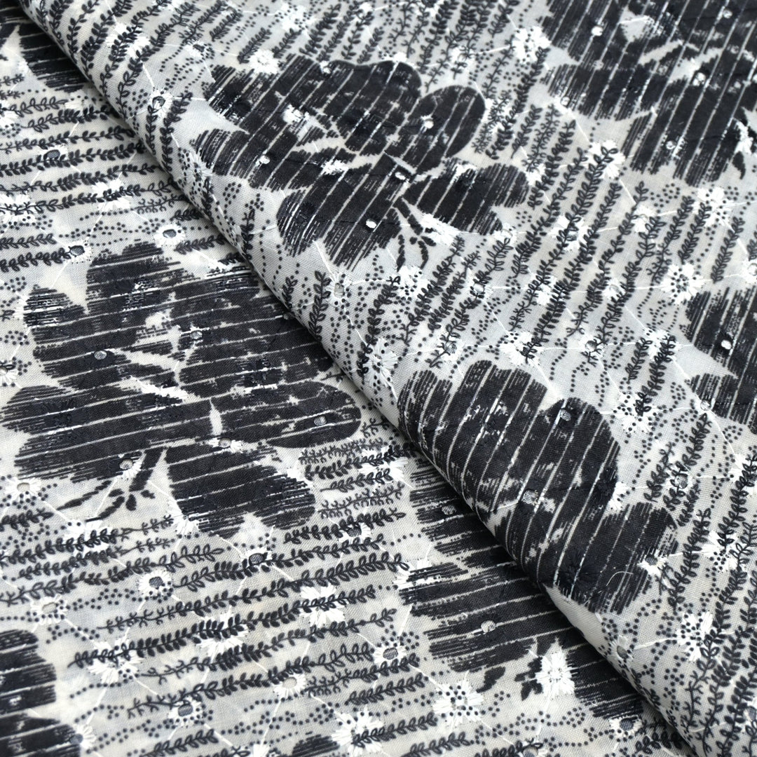 Floral Digital Print Cotton Chikan Embroidery Fabrics