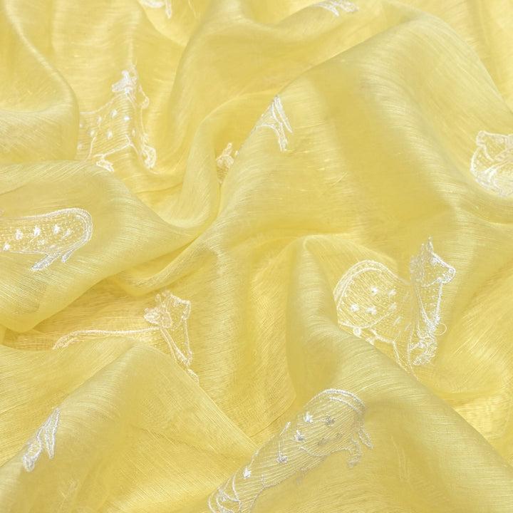 Lemon Yellow Color Linen Thread Embroidery Fabrics – Soft Designer Linen Embroidered Fabric-031168-3