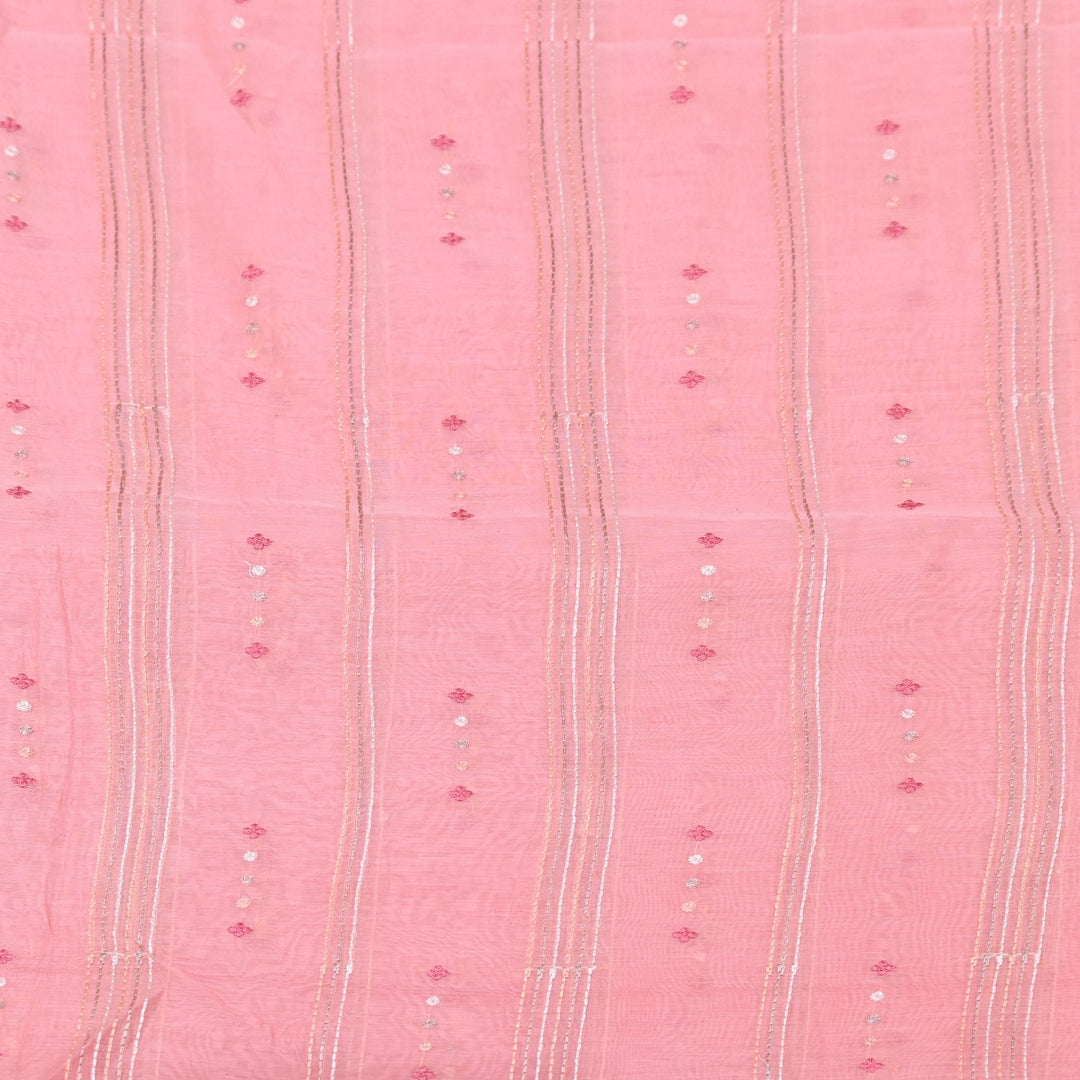 Soft Pink Rose Color Mul Chanderi Thread Embroidery Fabric