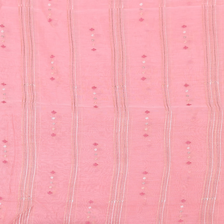 Soft Pink Rose Color Mul Chanderi Thread Embroidery Fabric