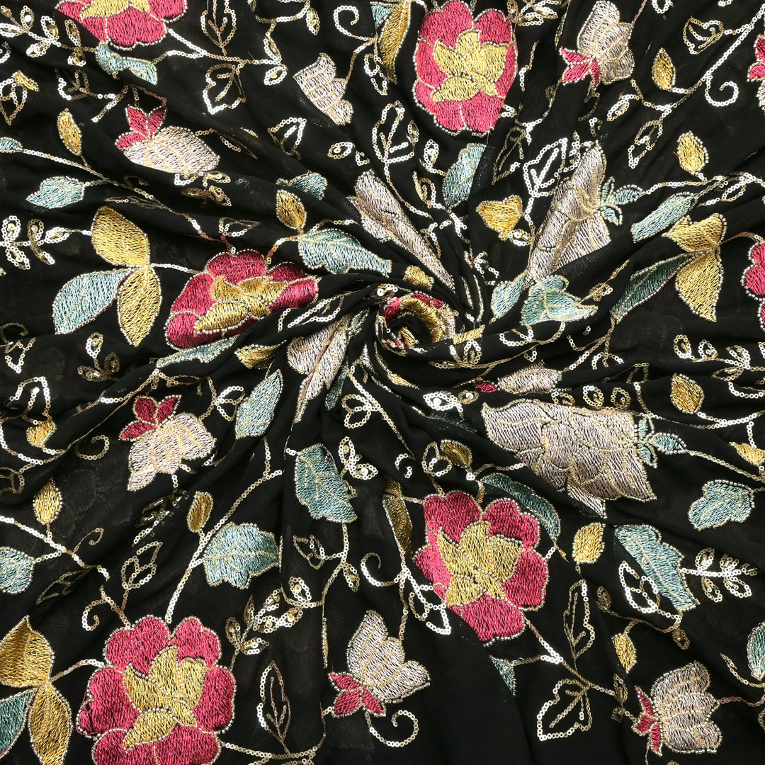 Multi thread and pearl sequin embroidery fabric on viscose organza