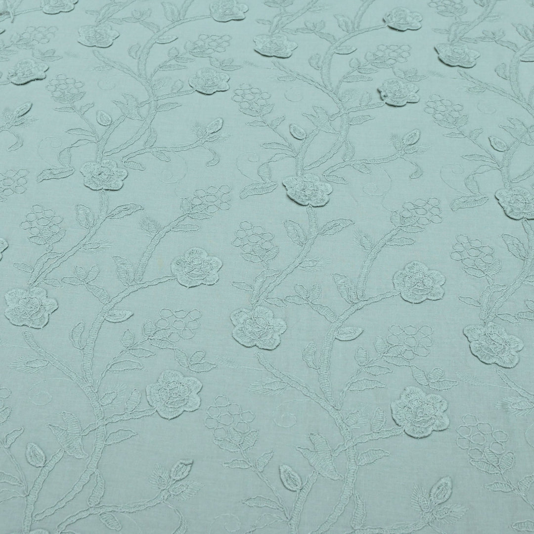 Summer Green Color Pure Cotton Floral Thread Embroidery Fabric