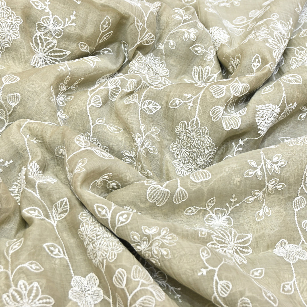 Soft Sage Beige Color Mul Chanderi Thread Embroidery Fabric – Soft Lightweight Designer Fabric- F73560-3