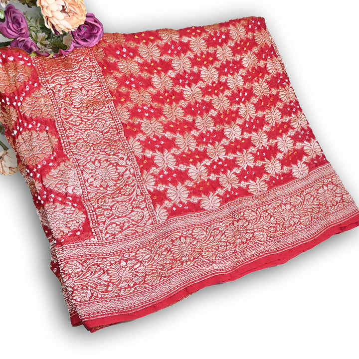 Red Gharchola Bandhani Dupatta in Pure Georgette – Traditional Zari Woven Festive Dupatta