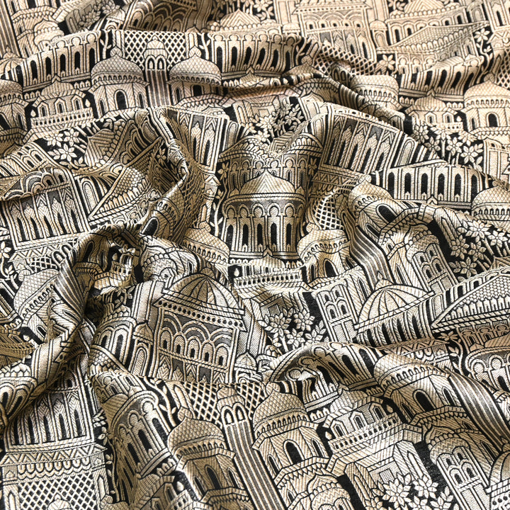 Black Color Pure Silk Alfi Zari Brocade Fabric 44" – Luxury Traditional Designer Fabric ZTF001-1