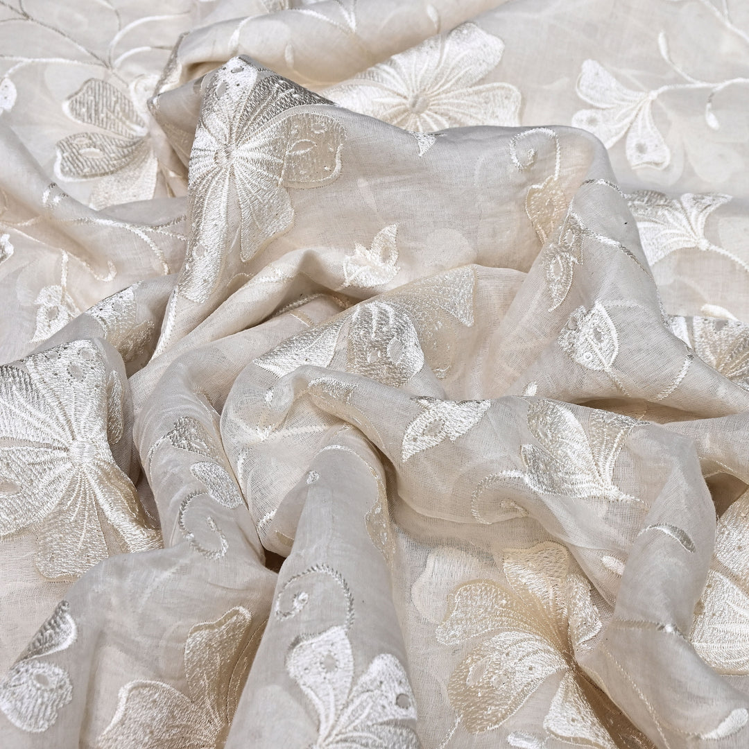 Premium Dyeable Mul Chanderi Floral Thread Embroidery Fabric - 0NDA46