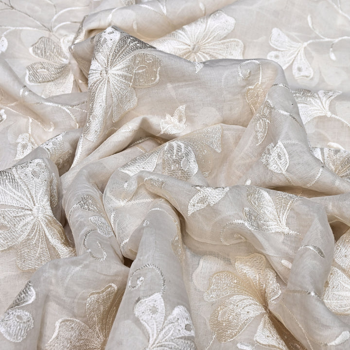 Premium Dyeable Mul Chanderi Floral Thread Embroidery Fabric - 0NDA46